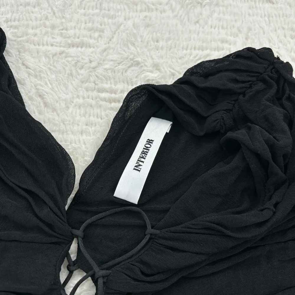 INTERIOR Kit ruched lace up stretch jersey top in black - Picture 3 of 6